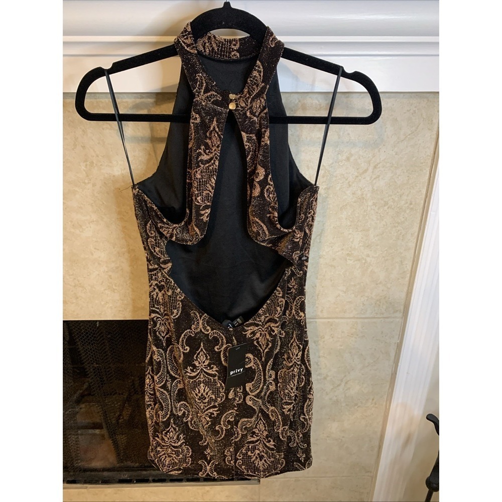 Privy Halter Dress Short Metallic Shimmer Gold Baroque Bodycon Party Night Large - Picture 3 of 4
